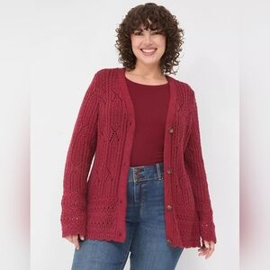 Lane Bryant Burgundy Button-Front Pointelle Cardigan 18/20